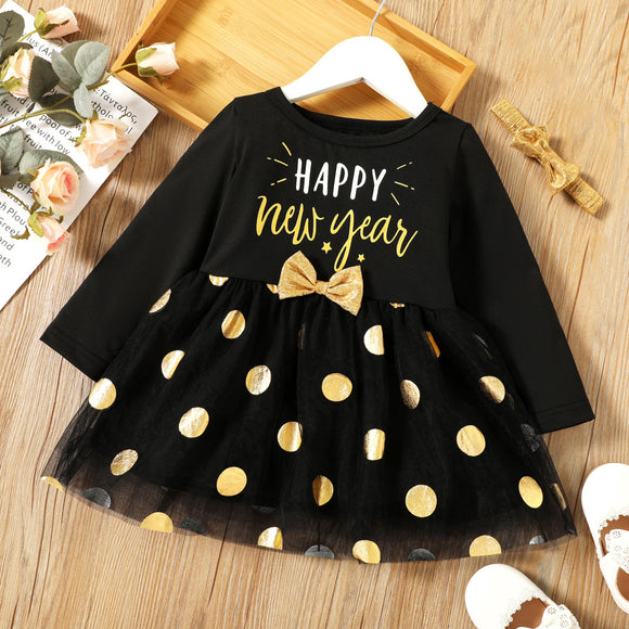 Toddler Girl New Year Letter Print Bowknot Design Polka dots Glitter Long sleeve Mesh Dress