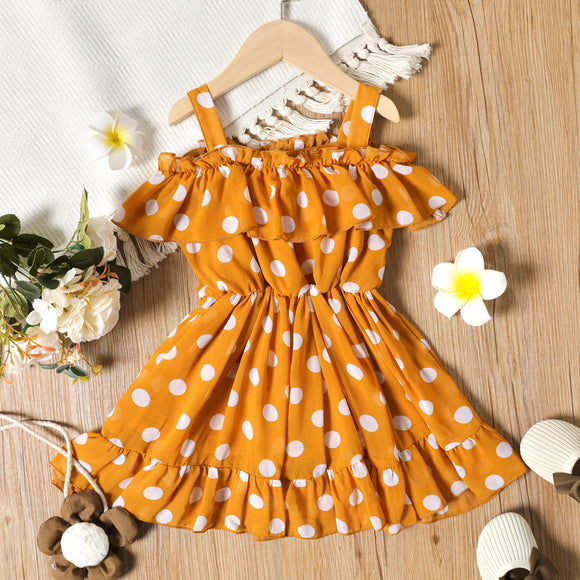 Toddler Girl Polka dots Flounce Cold Shoulder Dress