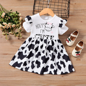 Toddler Girl Letter Animal Cow Print Ruffled Splice Short-sleeve Dress