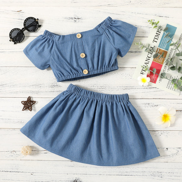 2-piece Toddler Girl Off Shoulder Button Design Blue Denim Tee and Elasticized Skirt Set