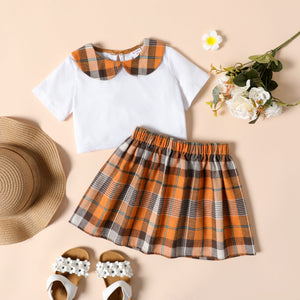 2-piece Toddler Girl Plaid Doll Collar White Tee and Elasticized Skirt Set