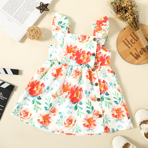 Toddler Girl Floral PrintCoral Red Square Neck Button Design Flutter-sleeve Dress