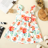 Toddler Girl Floral PrintCoral Red Square Neck Button Design Flutter-sleeve Dress