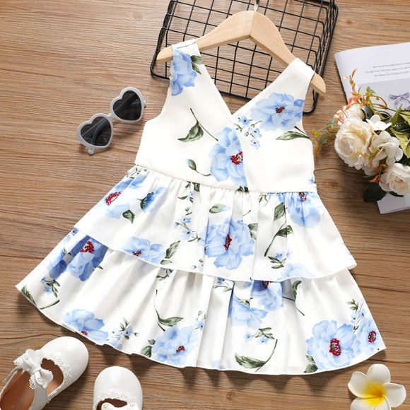 Toddler Girl Floral Print V Neck Sleeveless Bowknot Design Layered Dress