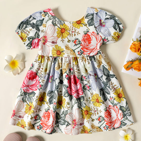 Toddler Girl Floral Print Backless Crisscross Short-sleeve Dress