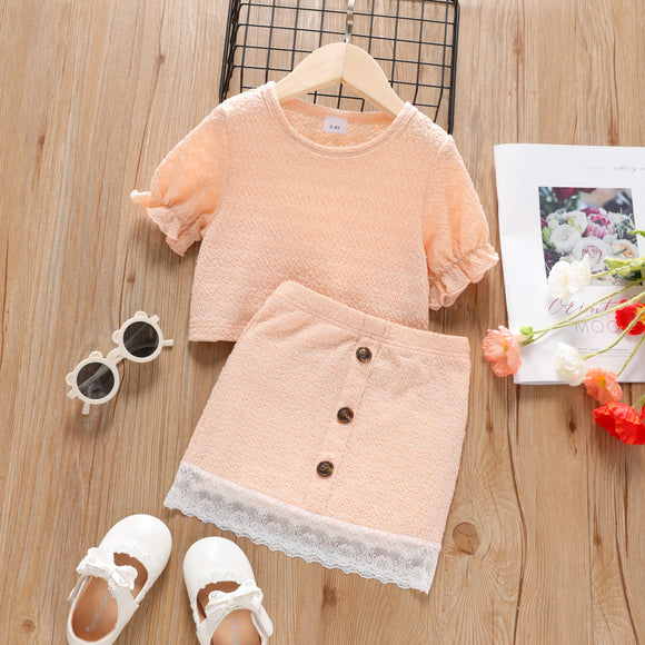 2-piece Toddler Girl Textured Ruffled Short-sleeve Pink Blouse and Lace Button Design Skirt Set