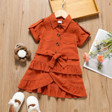 Toddler Girl 100% Cotton Faux-two Ruffled Button Design Short-sleeve Dress