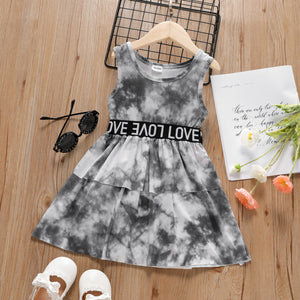 Toddler Girl Letter Print Tie Dyed Sleeveless Layered Dress