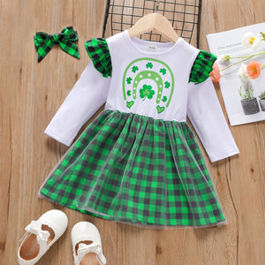 St. Patricks Day Toddler Girl Lucky Clover Print Green Plaid Mesh Design Splice Long-sleeve Dress