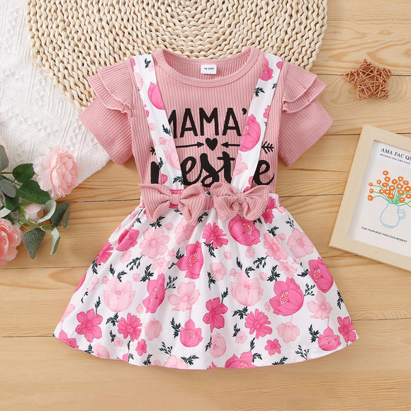 2-piece Toddler Girl Ribbed Short-sleeve Pink Tee and Floral Print Suspender Skirt Set