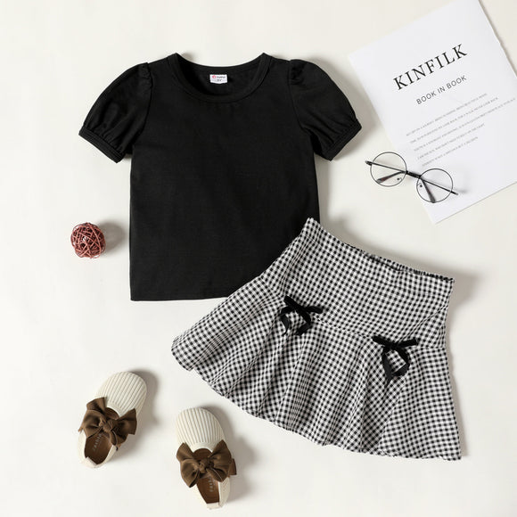 2-piece Toddler Girl Puff-sleeve Black Tee and Bowknot Design Plaid Skirt Set