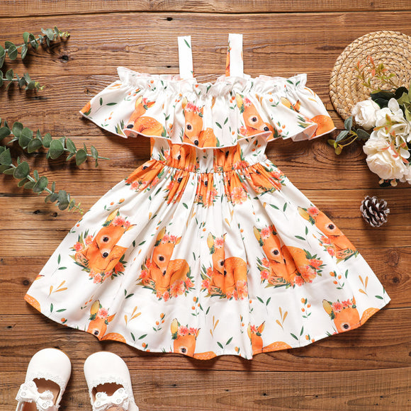 Toddler Girl Deer Floral Print Ruffled Off Shoulder Strap Dress