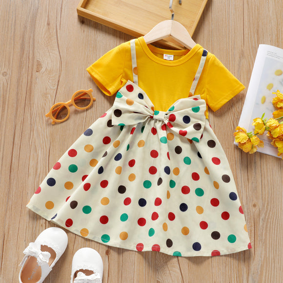 Toddler Girl Faux-two Polka dots Bowknot Design Short-sleeve Dress