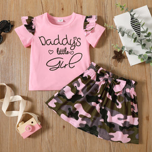 Fathers Day 2-piece Toddler Girl Letter Print Ruffled Tee and Bowknot Design Camouflage Print Skirt Set