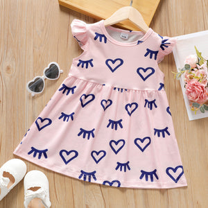 2pcs Toddler Girl Heart Print Flutter-sleeveStripe Dinosuar Print Short-sleeve Dress