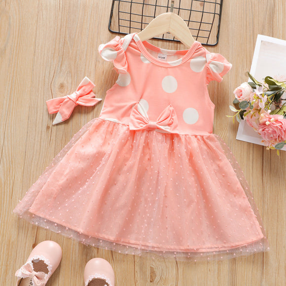 Toddler Girl Polka dots Bowknot Design Flutter-sleeve Mesh Dress