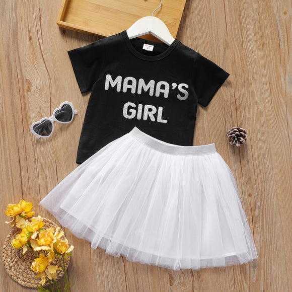 Mothers Day 2-piece Toddler Girl Letter Print Black Tee and White Mesh Skirt Set