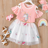 2-piece Kid Girl Unicorn Print Bowknot Design Cold Shoulder Tee and Mesh Skirt Set