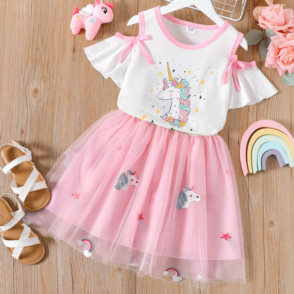 2-piece Kid Girl Unicorn Print Bowknot Design Cold Shoulder Tee and Mesh Skirt Set