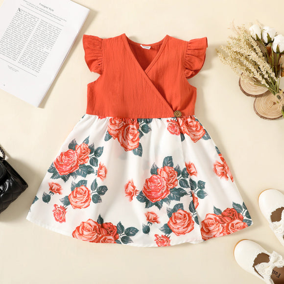 Toddler Girl Floral Print Surplice Neck Flutter-sleeve Splice Dress