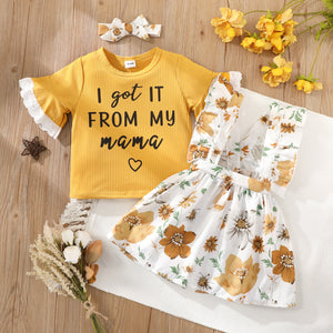 2-piece Toddler Girl Letter Embroidered Schiffy Design Short Bell sleeves Tee and Ruffled Floral Print Suspender Skirt Set