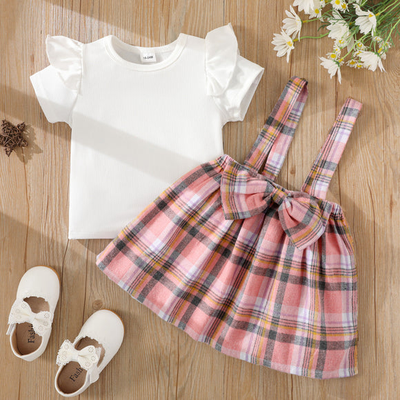 2-piece Toddler Girl Ruffled Short-sleeve White Tee and Bowknot Design Plaid Suspender Skirt Set