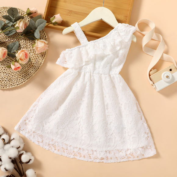 Toddler Girl Flounced Lace Design Sleeveless White Dress