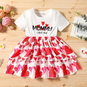 Mothers Day Toddler Girl Letter Heart Print Layered Short-sleeve Dress