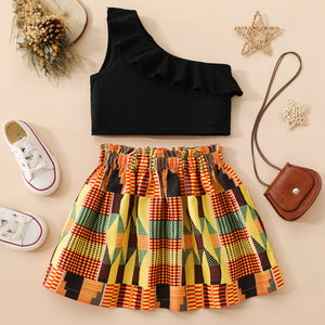 2-piece Toddler Girl Flounce One Shoulder Black Crop Top and Geo Pattern Colorblock Paperbag Skirt Set