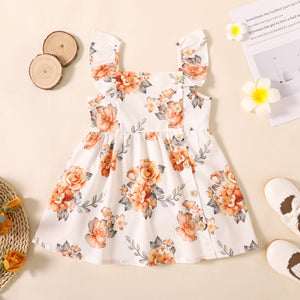 Toddler Girl Button Design Solid ColorFloral PrintStripe Ruffled Strap Dress