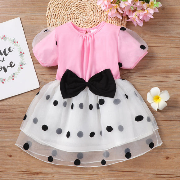 Toddler Girl Bowknot Design Polka dots Mesh Splice Short-sleeve Dress