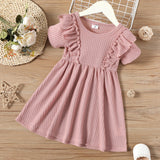 Toddler Girl Solid Color Ruffled Waffle Short-sleeve Dress