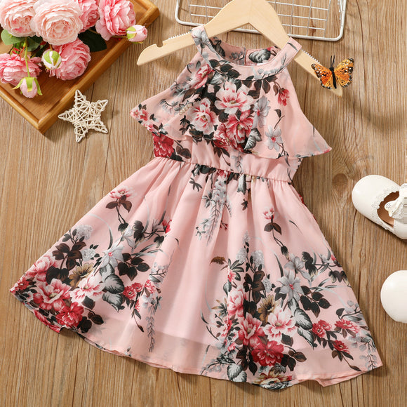 Toddler Girl Floral Print Flounce Cold Shoulder Halter Dress