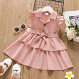 Toddler Girl Button Design Belted Flutter-sleeve Layered Solid Color Dress