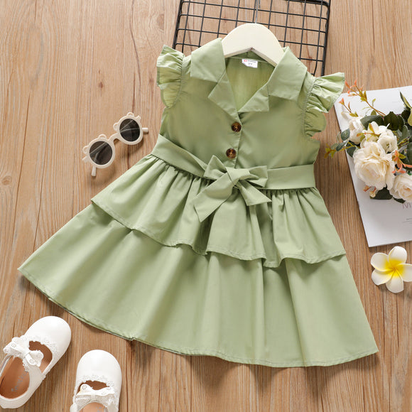 Toddler Girl Button Design Belted Flutter-sleeve Layered Solid Color Dress