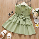 Toddler Girl Button Design Belted Flutter-sleeve Layered Solid Color Dress