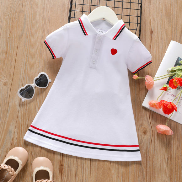 Toddler Girl Heart Embroidered Striped Short-sleeve Polo Dress