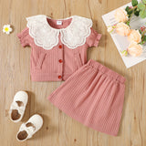 2-piece Toddler Girl Schiffy Statement Collar Button Design Ribbed Top and Elasticized Skirt Set