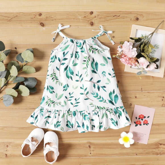 Toddler Girl Floral PrintGreen Ruffled Bowknot Design Cami Dress