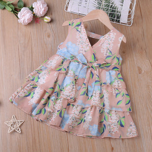 Toddler Girl Floral Print V Neck Sleeveless Belted Layered Chiffon Dress