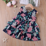 Toddler Girl Floral Print V Neck Sleeveless Belted Layered Chiffon Dress