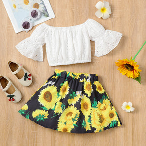 2-piece Toddler Girl Off Shoulder Hollow out Bell sleeves White Top and Floral Print Skirt Set