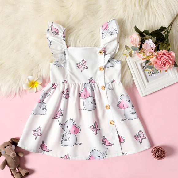 Toddler Girl Button Design Elephant PrintPink Ruffled Sleeveless Dress