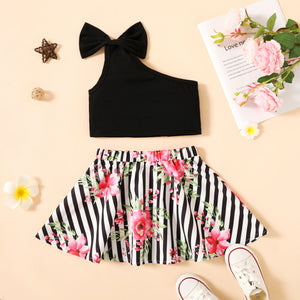 2pcs Toddler Bowknot Design One Shoulder Black Top and Floral Print Stripe Skirt Set