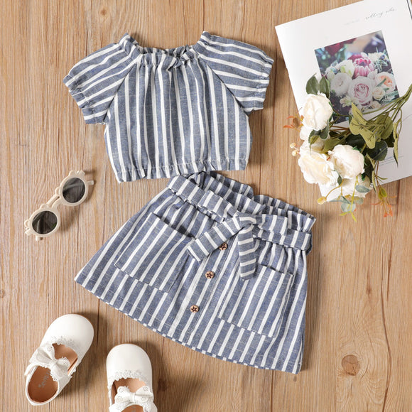 2-piece Toddler Girl Stripe Ruffle Collar Raglan Sleeve Crop Tee and Button Design Belted Paperbag Skirt Set