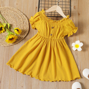 Toddler Girl Off Shoulder Ruffled Button Design Lettuce Trim Short-sleeve Ginger Dress