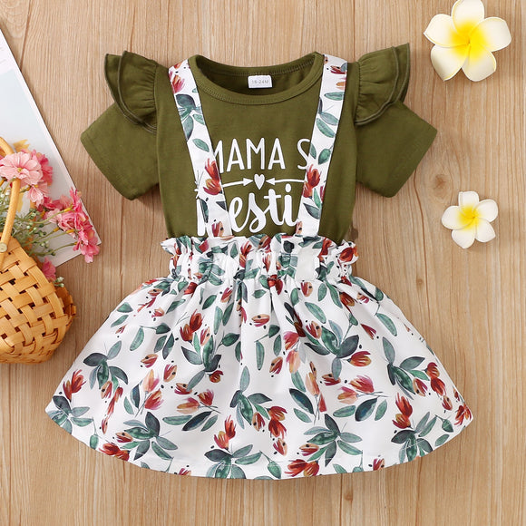 2-piece Toddler Girl Letter Print Ruffled Short-sleeve Tee and Floral Print Suspender Skirt Set