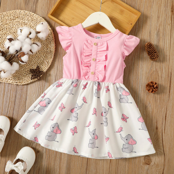 Toddler Girl Elephant Butterfly Print Splice Ruffled Flutter-sleeve Dress