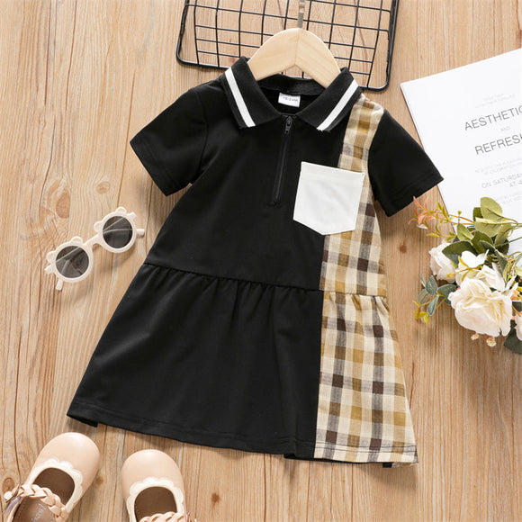 Toddler Girl Plaid Colorblock Lapel Collar Zipper Design Short-sleeve Dress