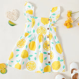 Toddler Girl Button Design Lemon PrintPlaid Flutter-sleeve Dress